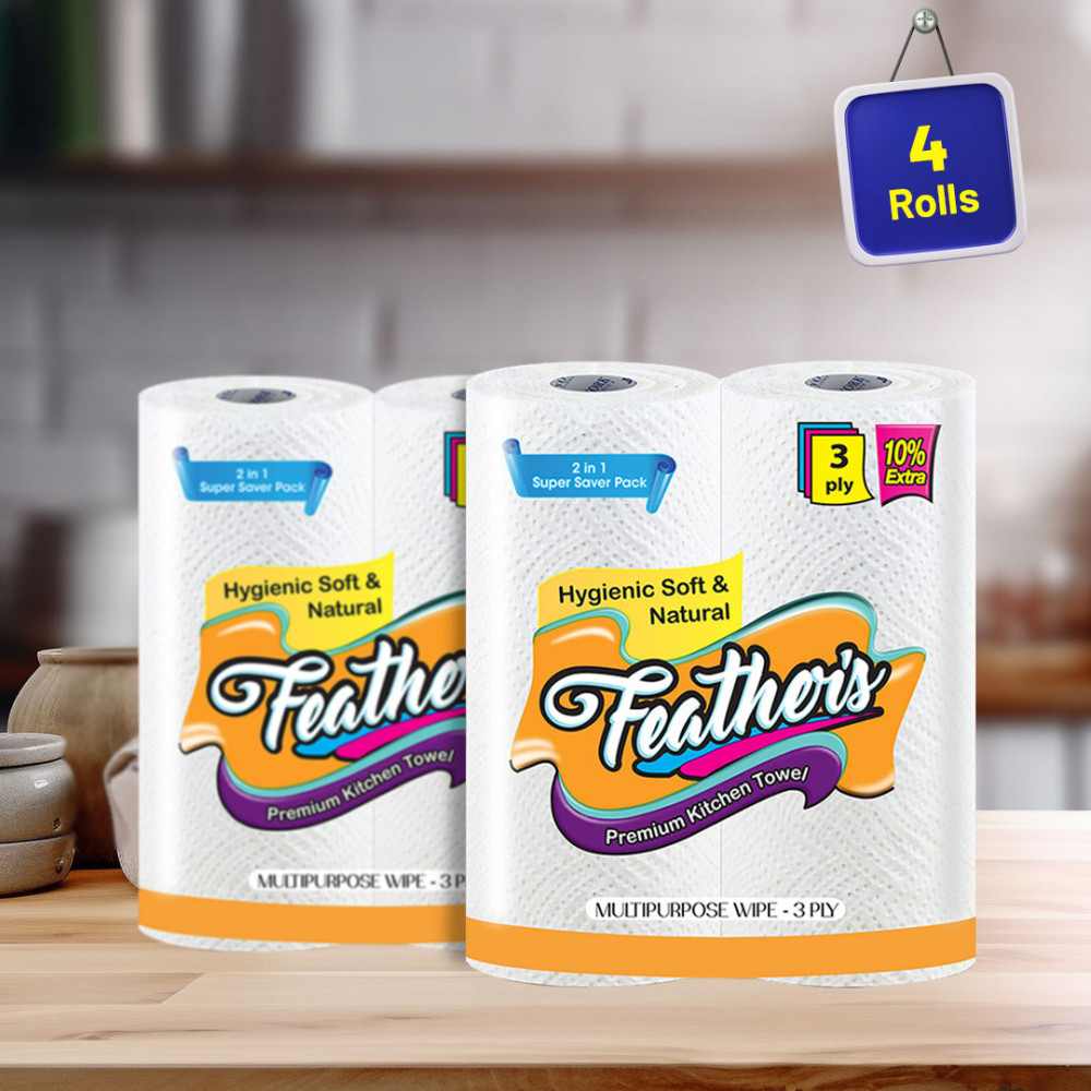 Feather's Extra Soft Multipurpose Wipes Premium Kitchen Towel, 3 - PLY Super Strong Highly Absorbent Tissues with 132 Pulls (4 Rolls)